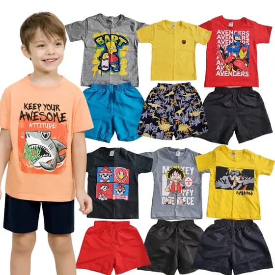 Kit Sortido de 10 - 6 e 2 Peças de Roupas Infantil Bebê Menino 5 Conjuntos (5 Camisetas +5 Bermudas)