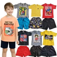 Kit Sortido de 10 - 6 e 2 Peças de Roupas Infantil Bebê Menino 5 Conjuntos (5 Camisetas +5 Bermudas)