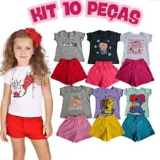 Kit Sortido 10 Peças Roupas Infantil Menina - 5 Camisetas + 5 Bermudas - Kit com 5 Conjuntos Verão
