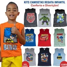 Regata Infantil Menino - Camisa Verão Blusa calor Criança personagem Kits com 1,2,3,4 e 5