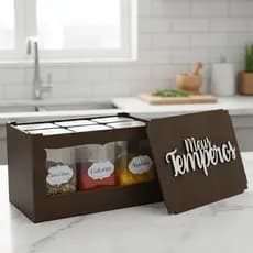 Porta Temperos MDF Pintado Meus temperos com 6 Potes para Condimentos 180ml - caixa com tampa