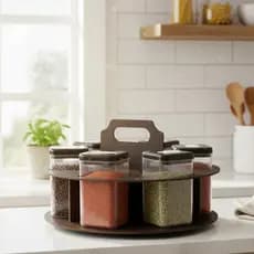 Porta Temperos redondo MDF para Mesa com 6 Potes para Condimentos e Mantimentos com alça decorado