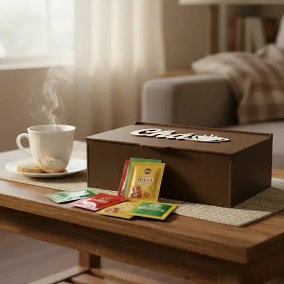 Caixa Porta Chá em MDF com aplique Decorada com 6 Divisórias para Sachês – Organizadora Charmosa