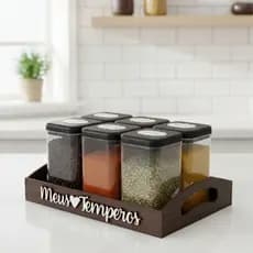 Bandeja Meus temperos organizadora 6 Potes em Mdf decorado Porta Condimentos Mantimentos Original