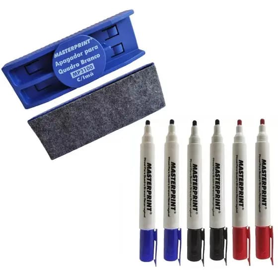 Pincel para Quadro Branco Recarregável 3 Cores 6 Unidades com Apagador