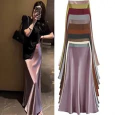 Elegante luz luxo cetim Drape saia feminina primavera outono cintura alta Hip saia guarda-chuva saia longa A linha saia