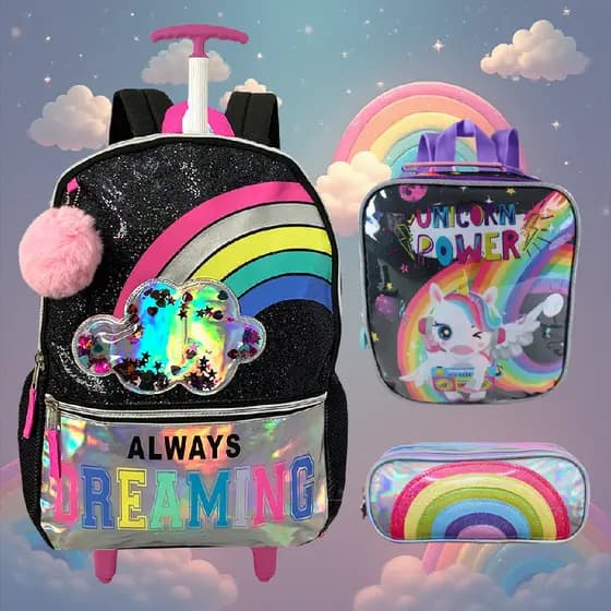 Mochila Escolar Rodas Arco Íris Menina Lancheira Estojo