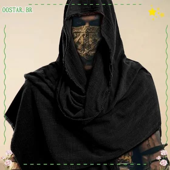 Capuz Retrô Pirata Medieval Masculino OOSTAR , Capa Unissex Preta/Marrom , Lenço Vintage Leve