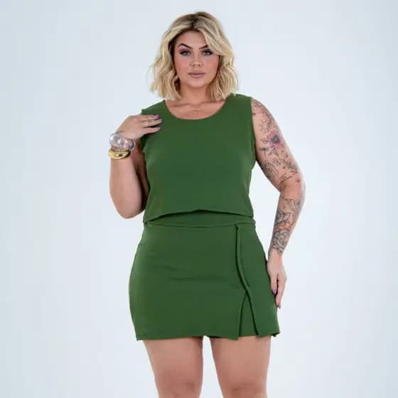 Conjunto Feminino Plus Size Cropped e Short Saia Perfeito