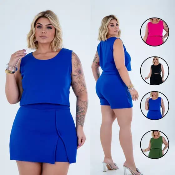 Conjunto Feminino Plus Size Cropped e Short Saia Elegante