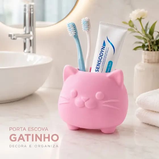 Porta Escova de Dente Gatinho Rosa Organizador de Banheiro Fofo Porta Pasta e Escovas Decoração Moderna