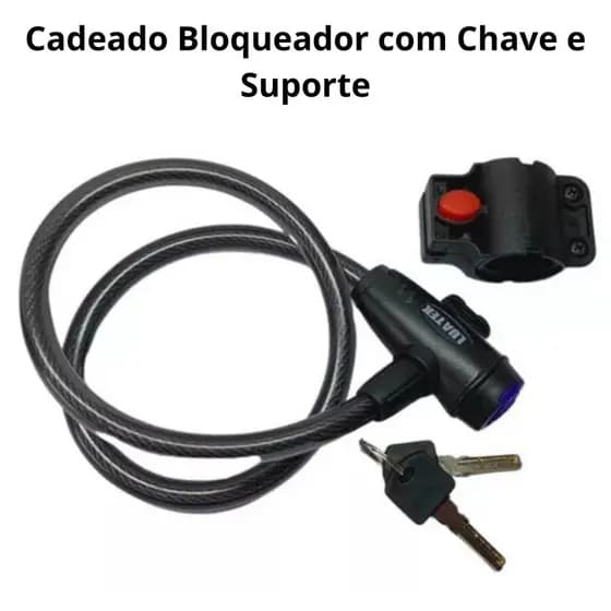 Cadeado Bloqueador Trava com Chave e Suporte para Bicicleta Moto Portão - Cabo de Aço Reforçado