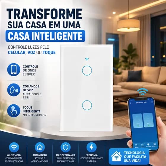 Interruptor Inteligente WiFi Touch Alexa Google Home Smart Life Tuya Bivolt Vidro Temperado 4x2