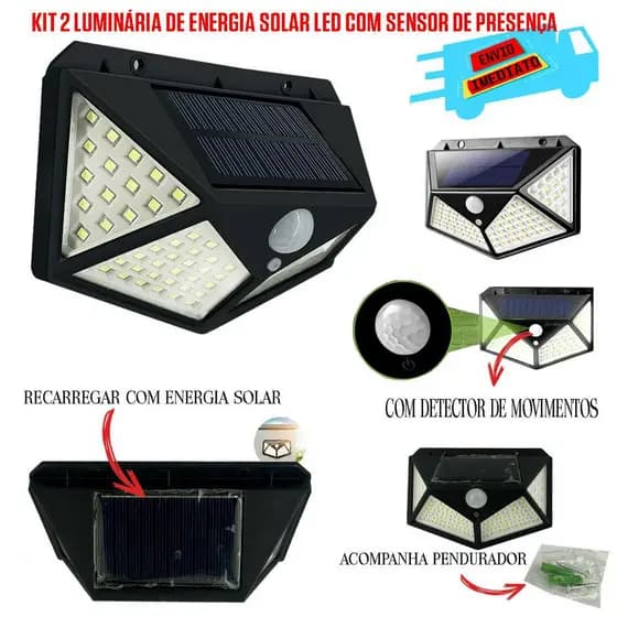 Kit 2 Luminária Solar 100 LED com sensor para jardim à prova d'água - energia solar iluminando seu espaço