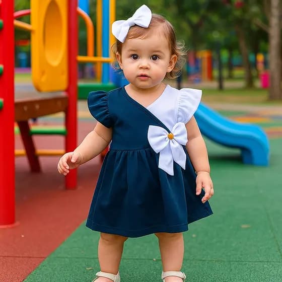 Vestido bebê com Laço e Manga de Babado e Manga Longa Roupa Bebê Menina Verão