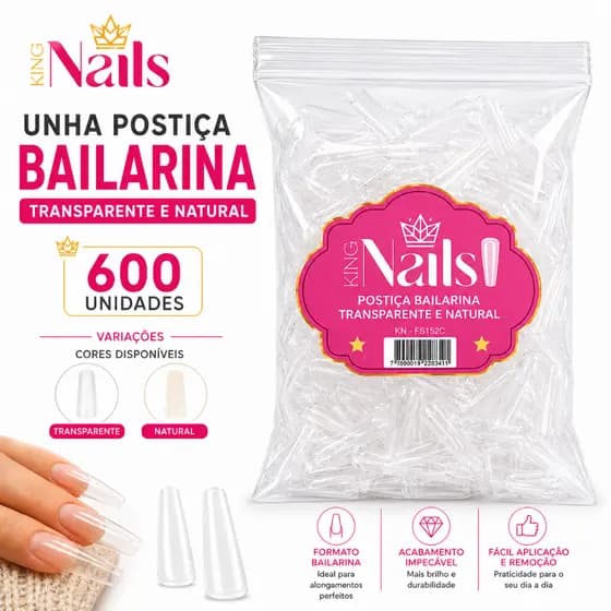 600 Unidades Unha Postiça Bailarina Transparente e Natural - King Nails