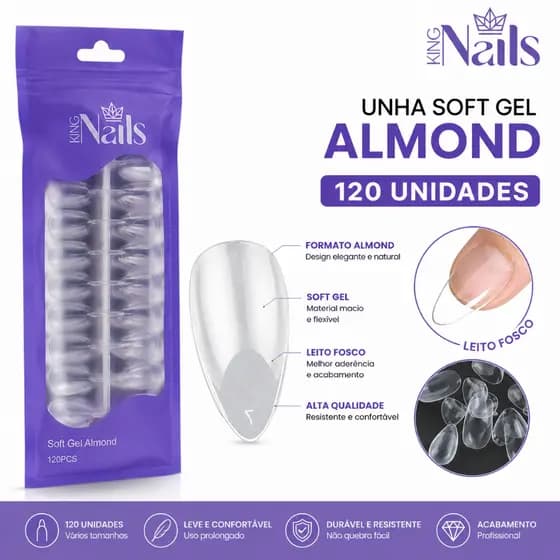 Unha Soft Gel Almond Leito Fosco 120 Unidades Tips Gel - King Nails