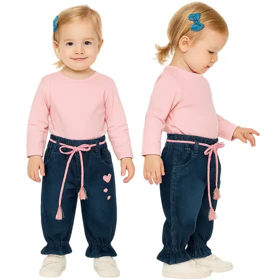 Calça Jeans Menina Bordado de Coração Infantil P M G 1 2 3