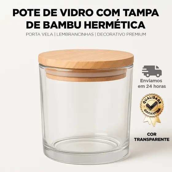 Pote de Vidro Transparente com Tampa de Bambu Hermética – Porta Vela | Lembrancinhas | Decorativo Premium
