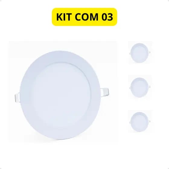 Kit Com 3 Painel Led Slim Moderno Embutir Redondo 12W 3000K Branco Quente