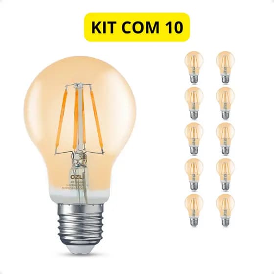 Kit 10 Lâmpada LED Bulbo Filamento Âmbar A60 E27 Luz 2300k Branco Quente Vintage Retrô