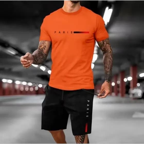 Conjunto camiseta e bermuda moletom estampada Paris streetwear camisa malha 30.1 linha Premium 100%algodao