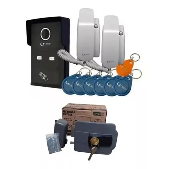 Kit Porteiro Eletrônico Interfone 2 Pontos Rfid Lr802r 2 Fones 5 Tags + Fechadura Elétrica