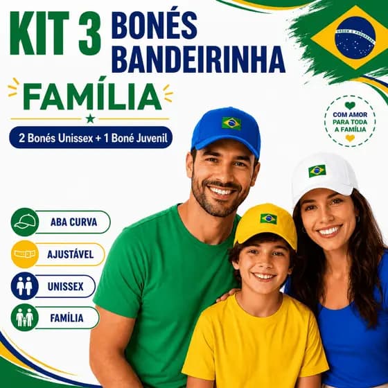 Kit 3 Bonés Bandeirinha Brasil Família Aba Curva Ajustável Unissex 5 Cores