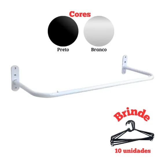 Arara de Parede 80Cm, 1M ou 1.20M Branca ou Preta + Brinde