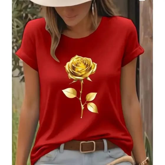 Camiseta Feminina Linda e Estilosa Estampa ROSA DOURADA Blusa 100% Algodão