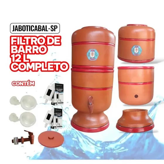 FILTRO DE BARRO 12L(6+6) MULTIPARTES COMPLETO - com 2 velas carvão ativado + 2 boias