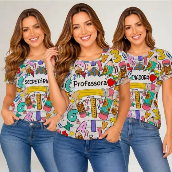 Blusa Feminina Profissões Educação Estampada TShirt Uniforme Escolar Manga Curta Look