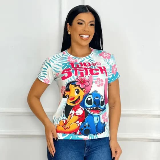 Blusa T-shirt Feminina Lilo Stitch Premium Básica Manga Curta Cores Vivas Moda Tendênica