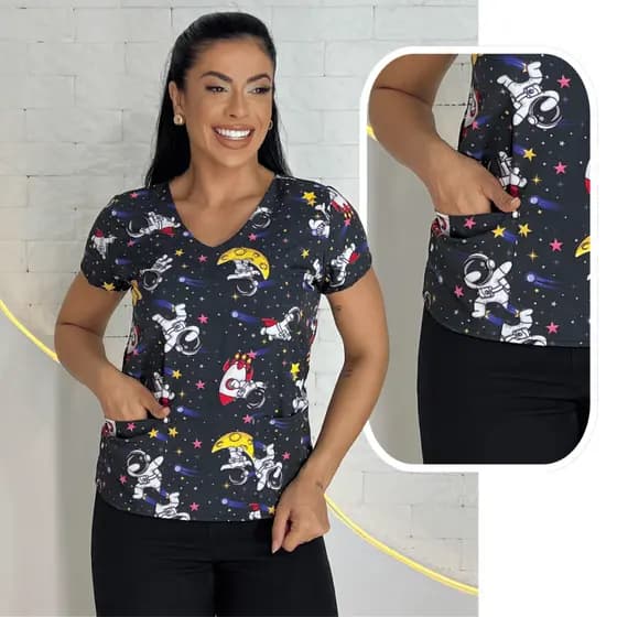 Scrubs Blusa Feminina Estampa Astronauta Pijama Uniforme Cirúrgico Scrub Tecido Oxford