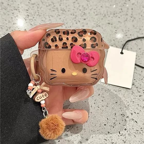 Capa Protetora De Fone De Ouvido Com Estampa De Leopardo Marrom Hello Kitty Para Airpods Pro3 Pro2 Pro 4 3 2 1 Chaveiro