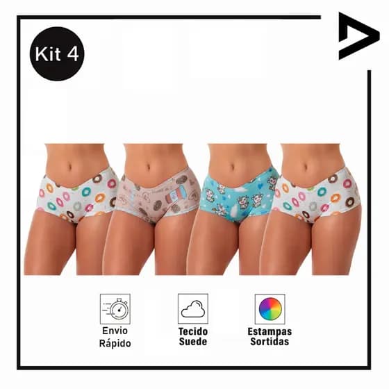 Kit 4 Cuecas Variadas Feminina Box Sublimada Shortinho Adulto