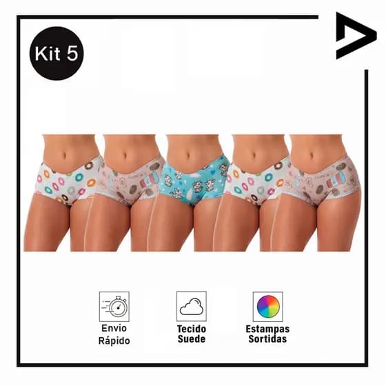 Kit 5 Cuecas Variadas Feminina Box Sublimada Shortinho Adulto