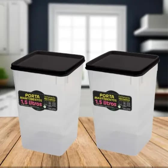 Kit 2 Pote Mantimento Herméticos 1kg Alimento Tampa e Trava Empilhável de 1,5 Litros Tampa Preta 18cm Açúcar Feijão Sal