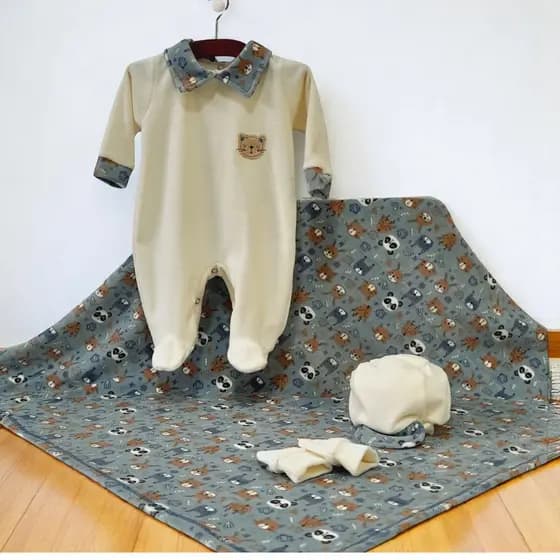 Kit Saída de Maternidade Macacão Manta e Touca