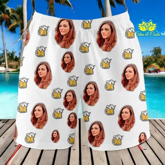Samba-Canção Pijama com Foto Rosto e Caneca de Cerveja Shorts Masculino