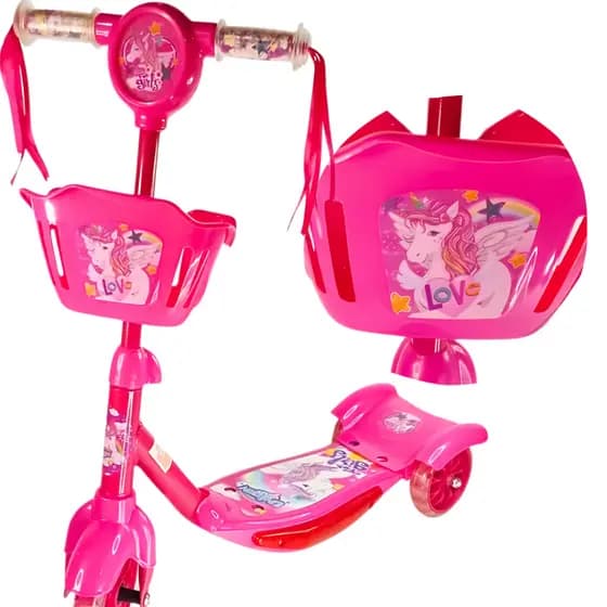 Scooter Rosa | Patinete Infantil 3 Rodas Cesta Musical com Luzes e Estilo Infantil Moderno