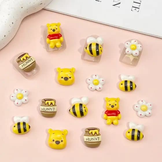20 peças de resina colorida Mini abelha de desenho animado, vaso de abelha, flores, ursinho arte de unha com parte trase