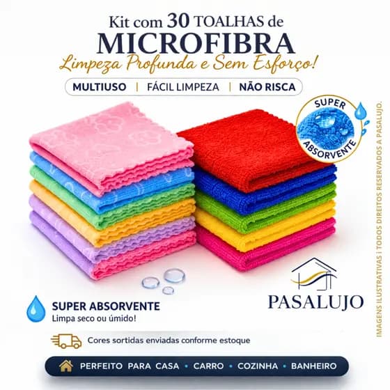 Kit 30 Panos Microfibra ~30x30cm Multiuso Flanela Limpeza Automotiva e Casa - Pano Que Nao Solta Fiapo Nao Risca