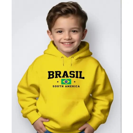 Moletom Infantil Brasil Copa Canguru Capuz Inverno Esportivo inverno Flanelado Quentinho