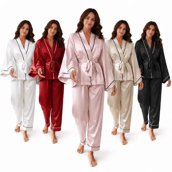 Pijama Feminino Robe Cetim Liso Calça com Manga Longa Inverno