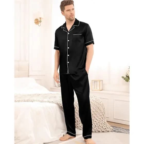 Pijama Americano Masculino Cetim de Seda Calça e Camisa Manga Curta com bolso e botões Preto