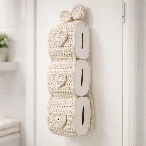 Porta Papel Higiênico de Crochê Artesanal | 3 Rolos | Fio Cru Grosso e Resistente | Decoração Delicada para Banheiro