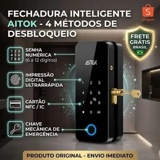 Fechadura Digital para Porta de Vidro Sem Furo Impressão Digital e Cartão RFID 0.5s Desbloqueio