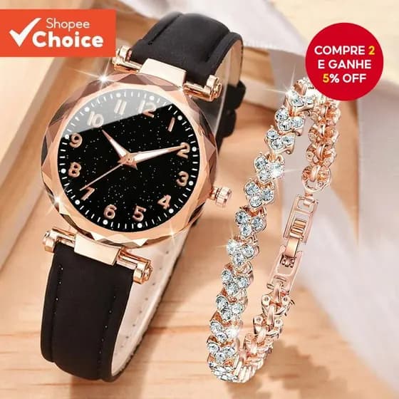 Relógio De Quartzo Feminino Elegante-Pulseira De Couro Com Marcações De Escala E Coração Cravejado De Diamantes