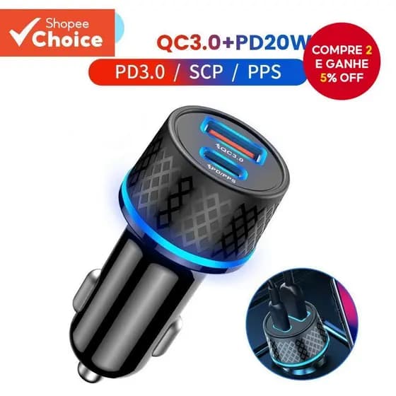 Carregador De Carro De Portas Duplas PD20W De Carregamento Rápido Tipo C Adaptador De Telefone Prata